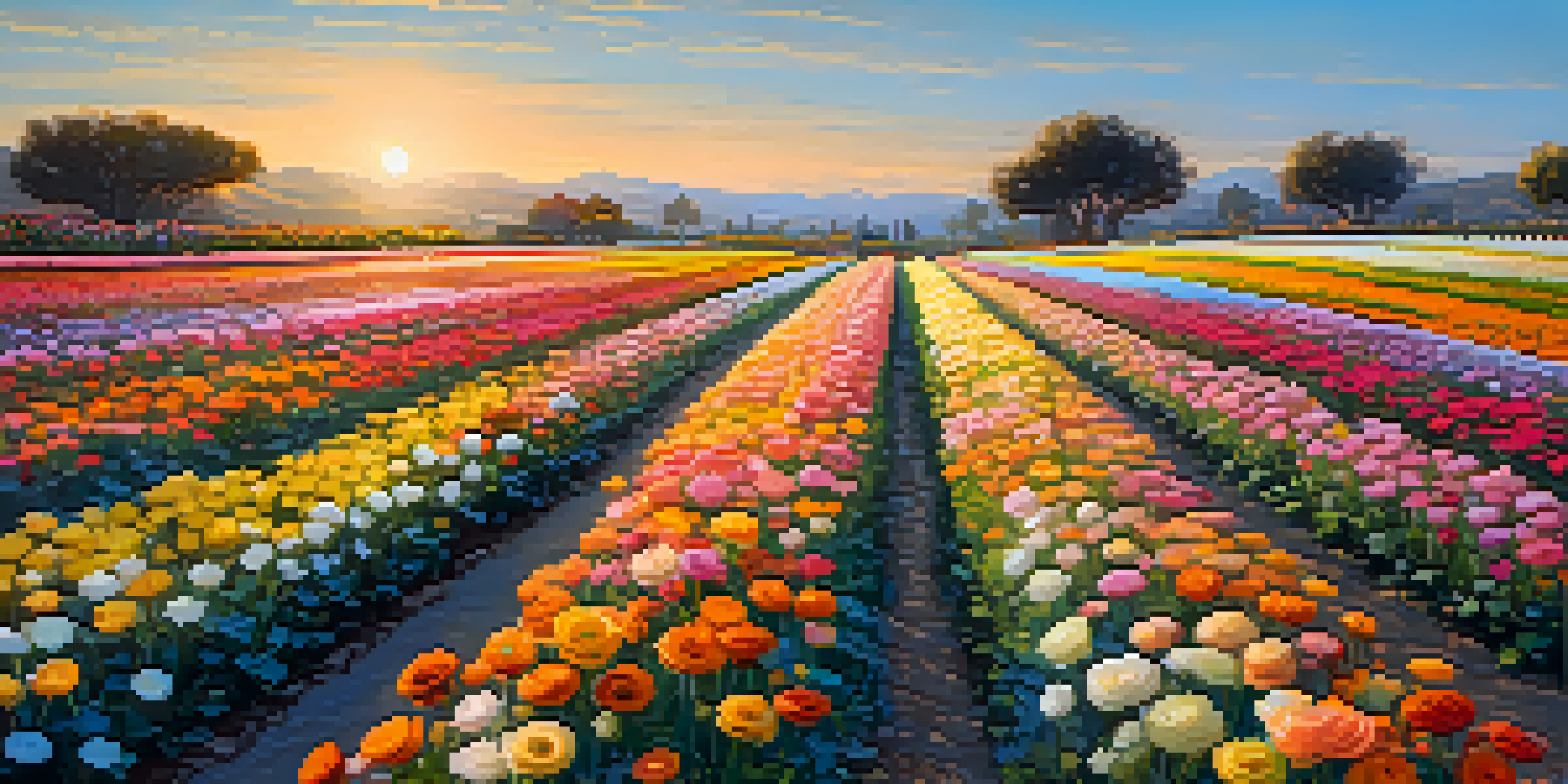 A picturesque view of the Carlsbad Flower Fields filled with colorful flowers under a sunny sky, with visitors walking along the pathways.