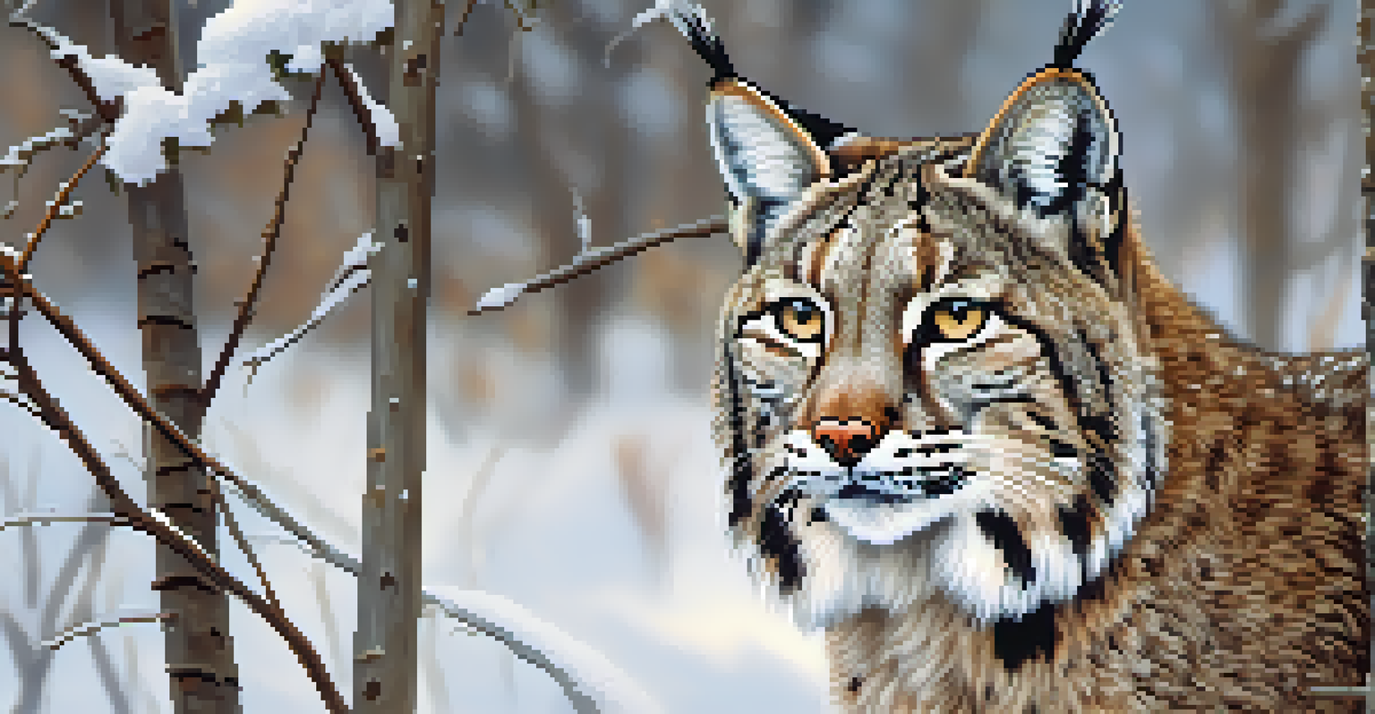 A close-up of a bobcat nestled in snow-dusted foliage, illuminated by soft sunlight in a winter setting.