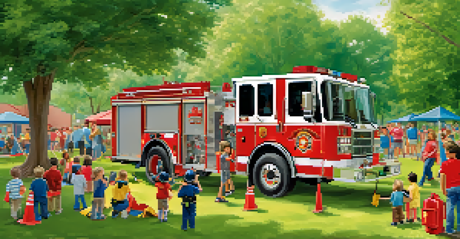 Children learning about fire safety from volunteer firefighters at a community event in a park.