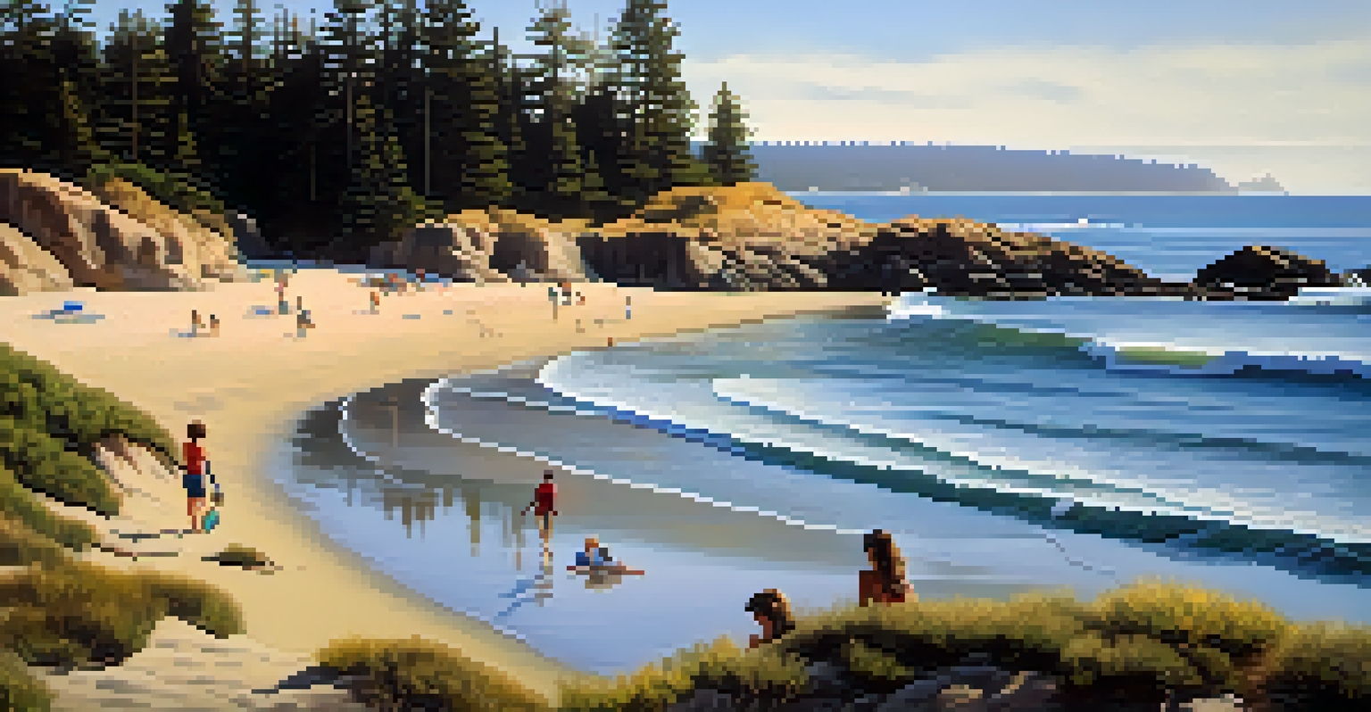 A peaceful scene at Tamarack Beach with surfers and children exploring tide pools.
