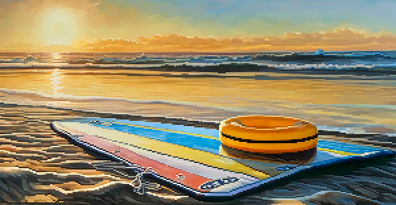 A close-up of a colorful Personal Flotation Device on a surfboard with the ocean and surfers in the background at sunset.