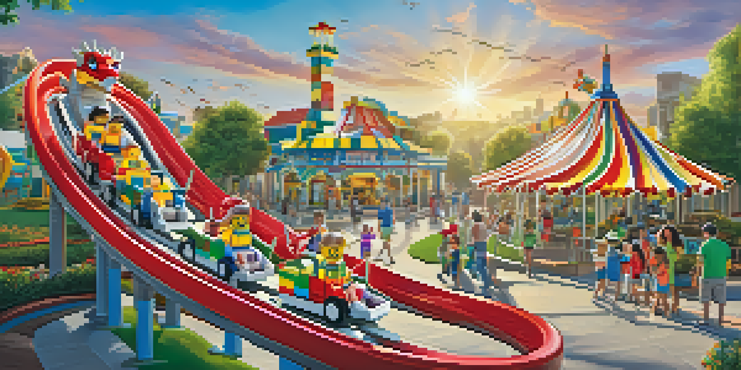 A family enjoying the Dragon Coaster ride at Legoland California, surrounded by colorful LEGO structures and bright sunlight.