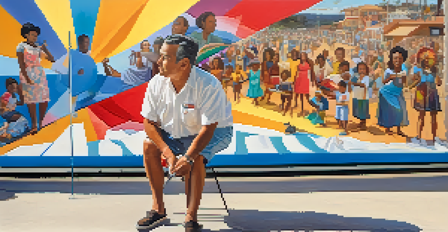 An artist in 1960s Carlsbad painting a mural on civil rights, surrounded by bright colors and warm afternoon light.