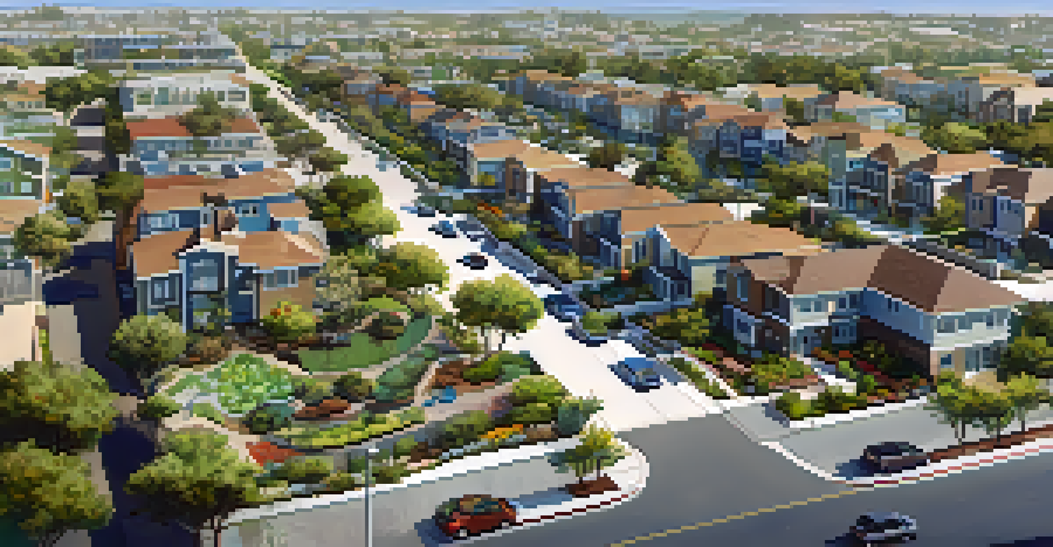 Aerial view of Carlsbad showing solar panels on rooftops and community gardens, highlighting eco-friendly urban development.