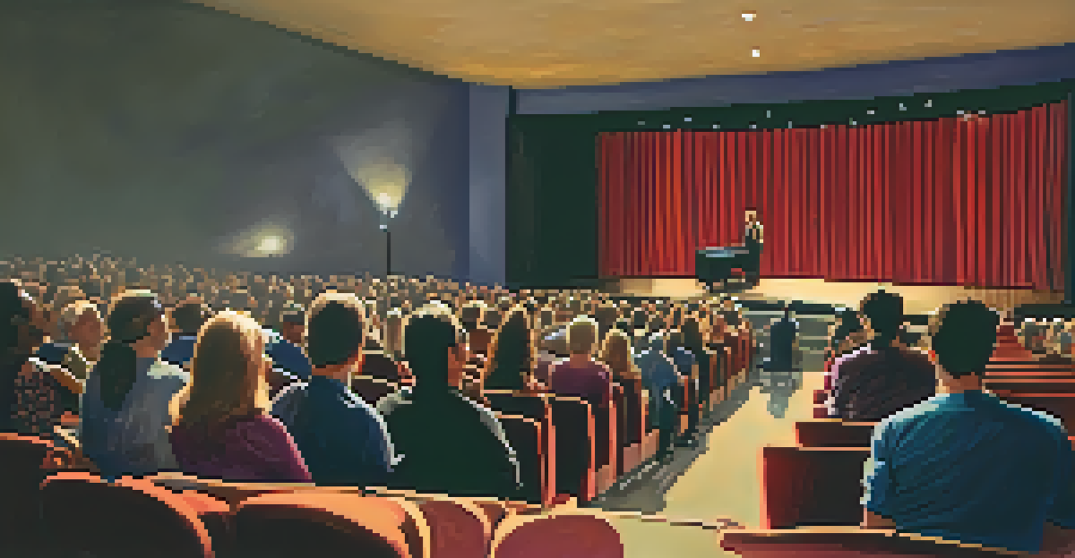 An intimate view of New Village Arts Theatre showing actors performing on stage and an engaged audience.