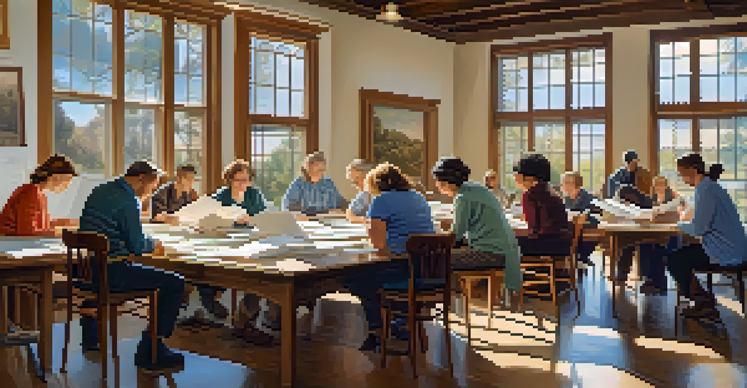 Participants in a workshop at Carlsbad's archives, examining historical documents and photographs.