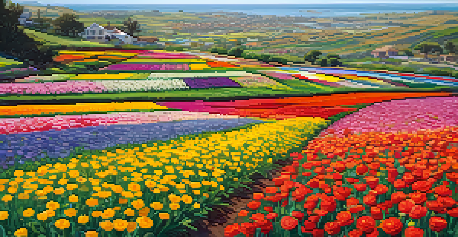 A colorful aerial view of the Flower Fields in Carlsbad, filled with ranunculus flowers and small birds flying among them.