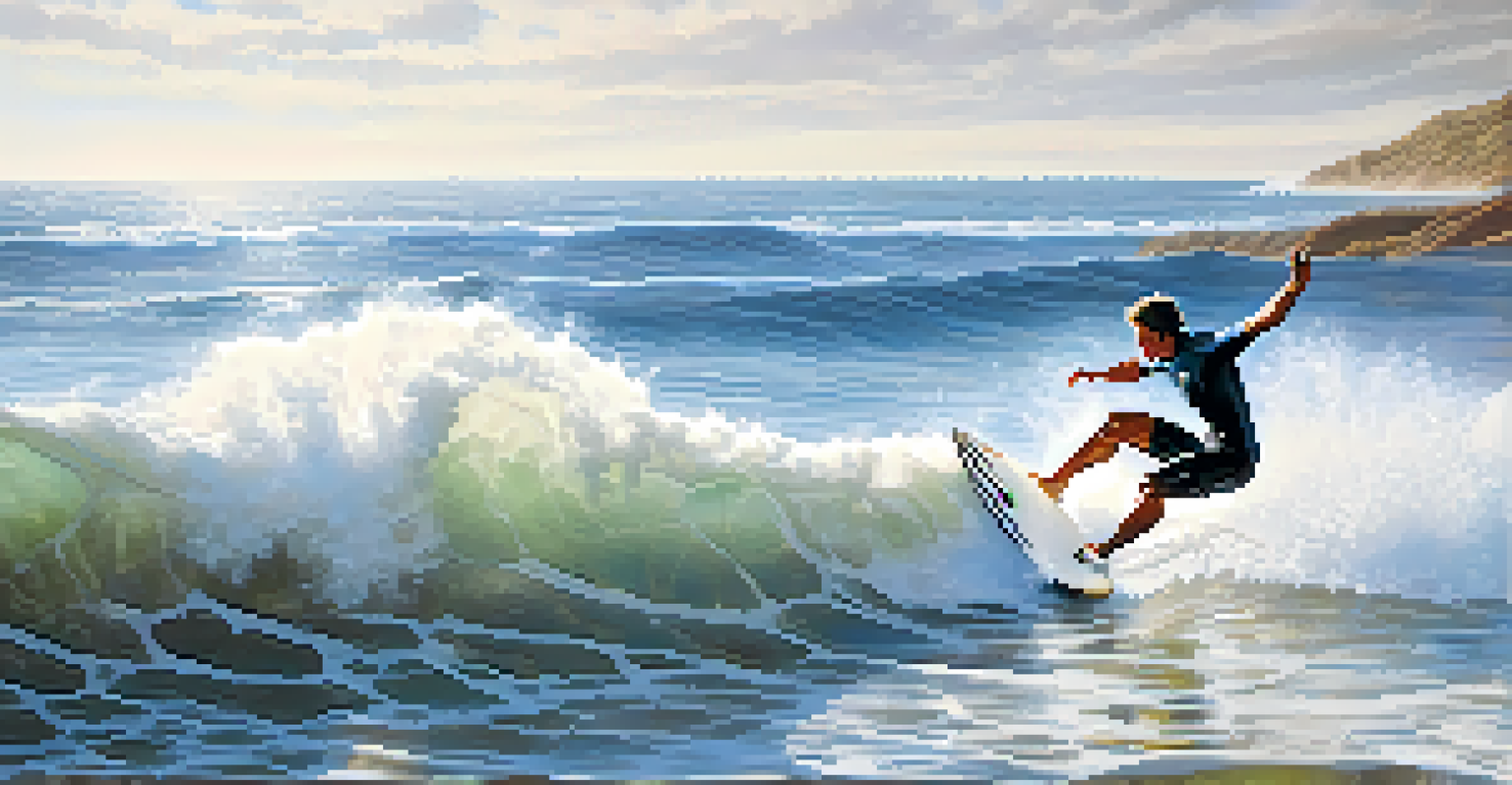 A surfer riding a wave in Carlsbad during fall season, splashes of water and a picturesque coastline in the background.