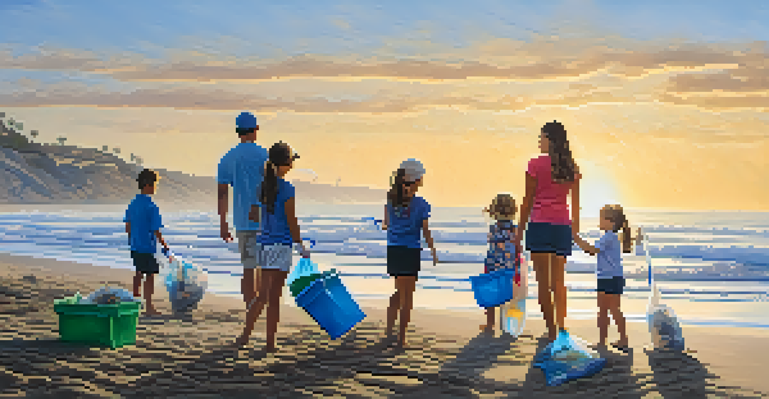 A family participating in a beach clean-up event in Carlsbad, collecting trash along the sandy shore with the ocean in the background and a sunset creating a picturesque scene.