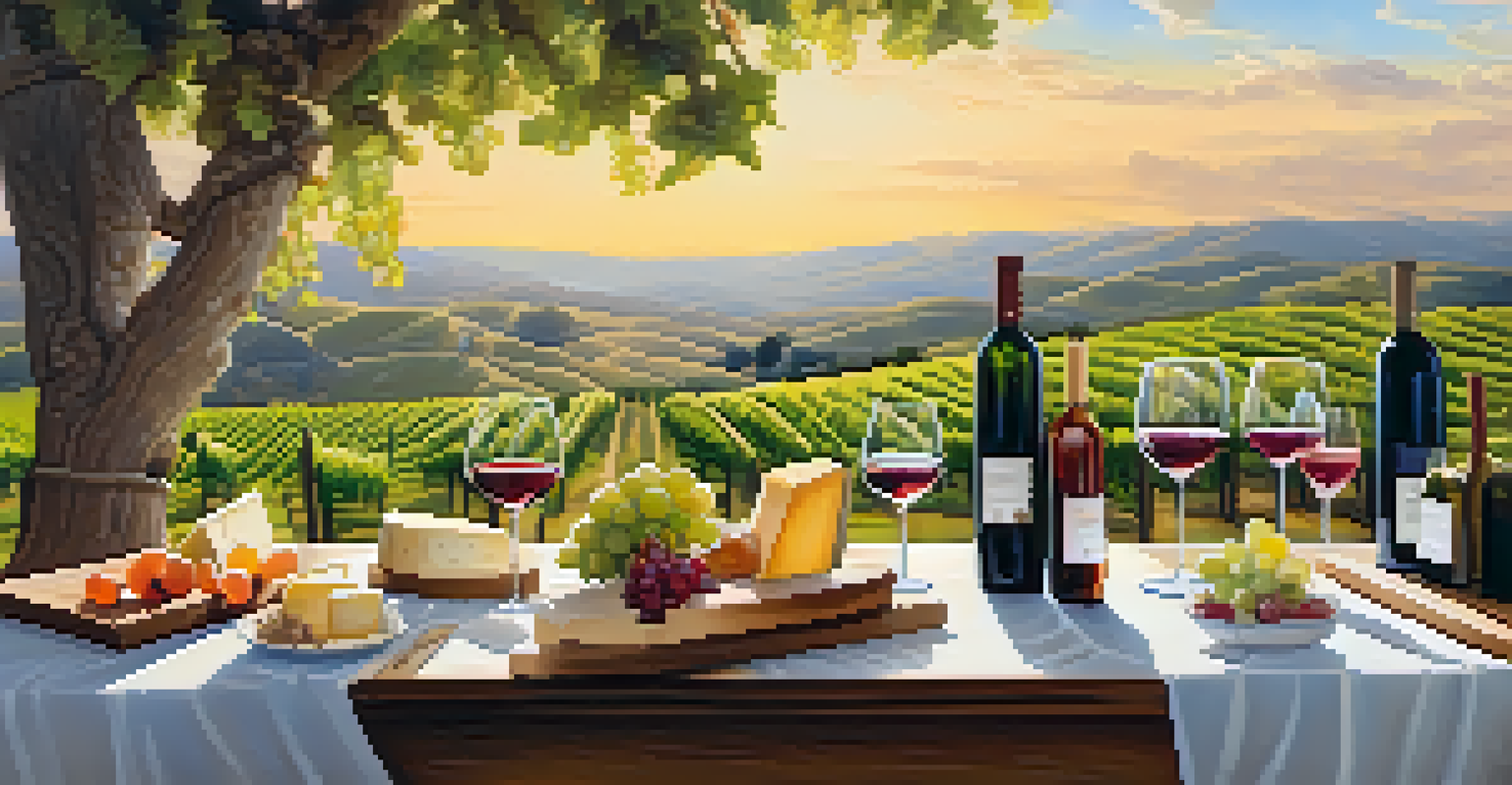 An outdoor wine tasting setup with cheese and fruits at a winery in Carlsbad, surrounded by vineyards.