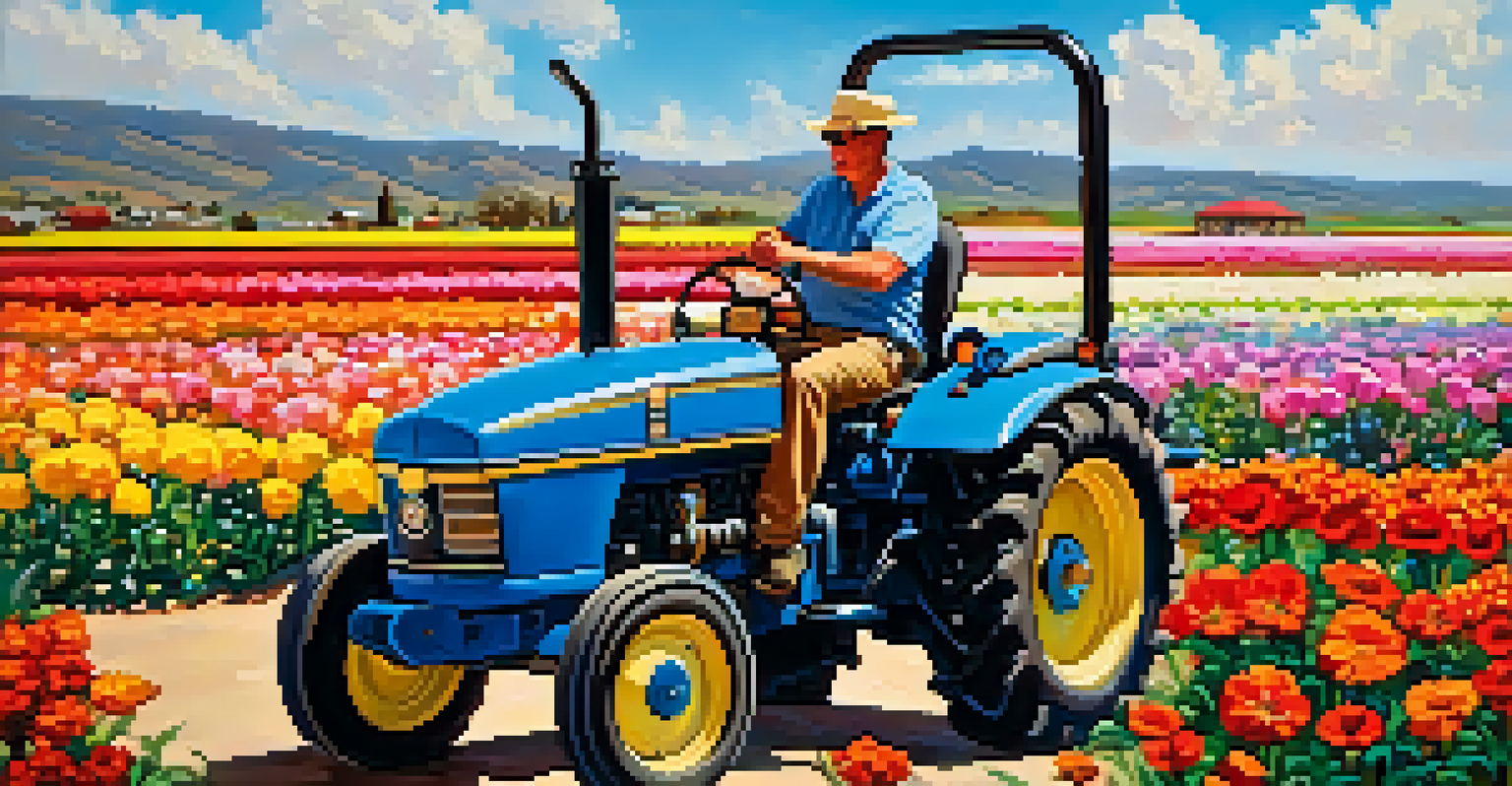 A family on a tractor ride amidst vibrant flower fields, with children excitedly looking over the edge.