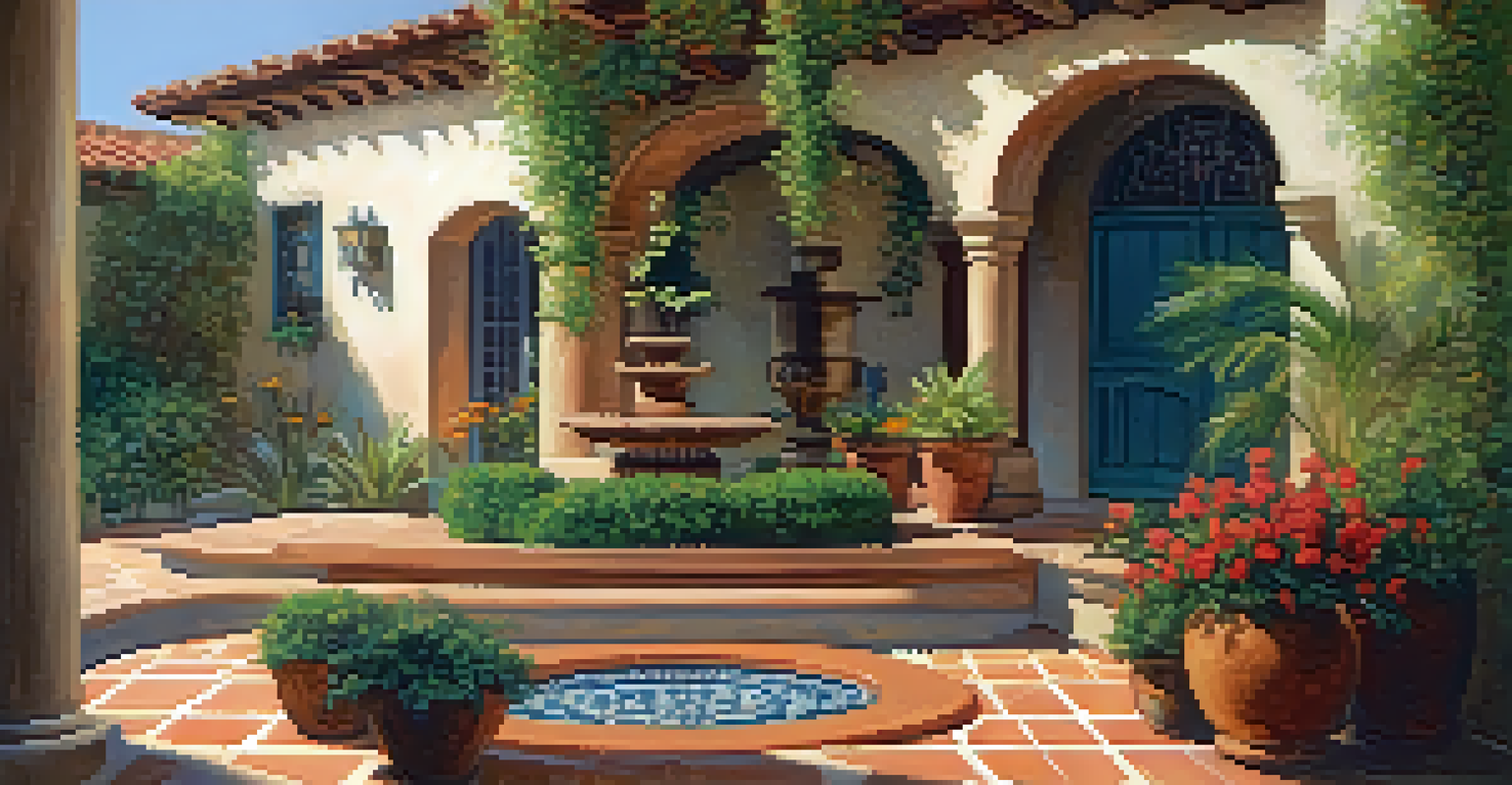 A beautiful courtyard of a Spanish Revival home with a fountain, colorful tiles, and lush greenery in Carlsbad, California.