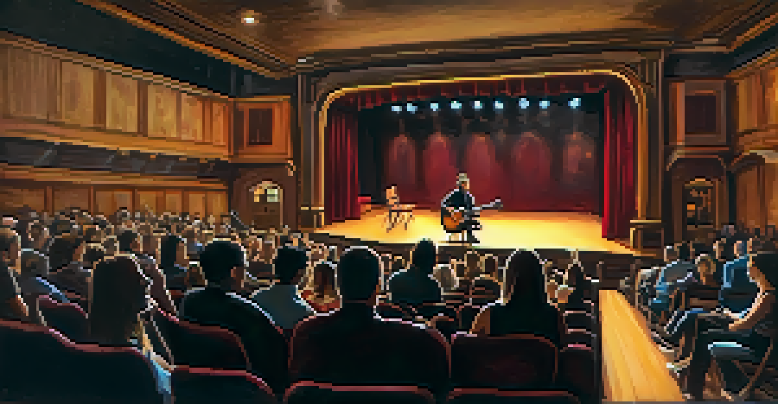 A solo musician performing on stage at the Carlsbad Village Theatre, with warm lighting and an engaged audience in a cozy setting.