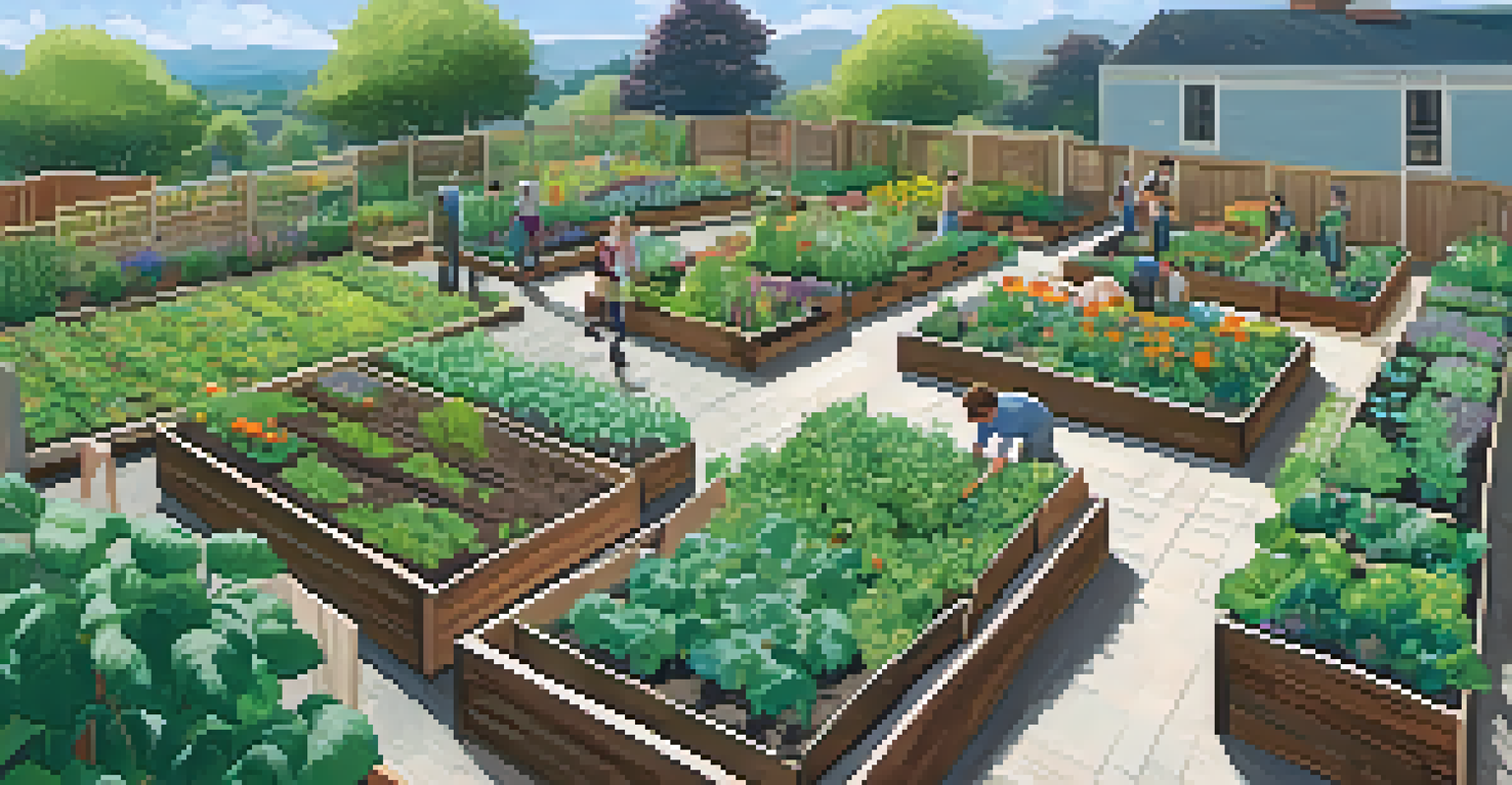 An overhead view of a vibrant community garden with organized vegetable plots and residents attending a gardening workshop under a clear blue sky.