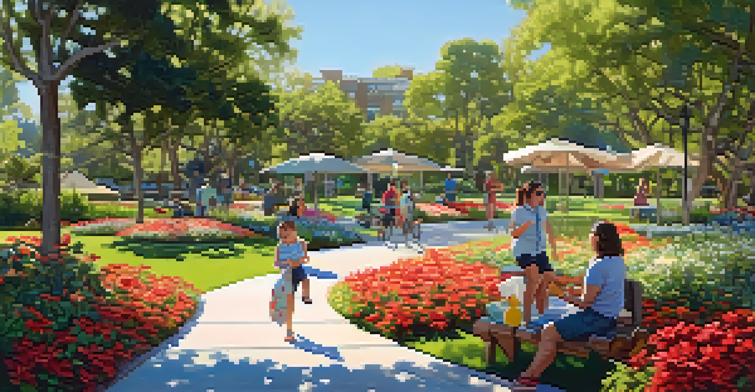 A family having a picnic at Poinsettia Park Trail surrounded by gardens and children playing.