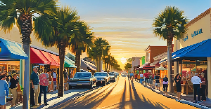 A lively street filled with people admiring art displays during the Carlsbad Village Art Walk, illuminated by a warm sunset.