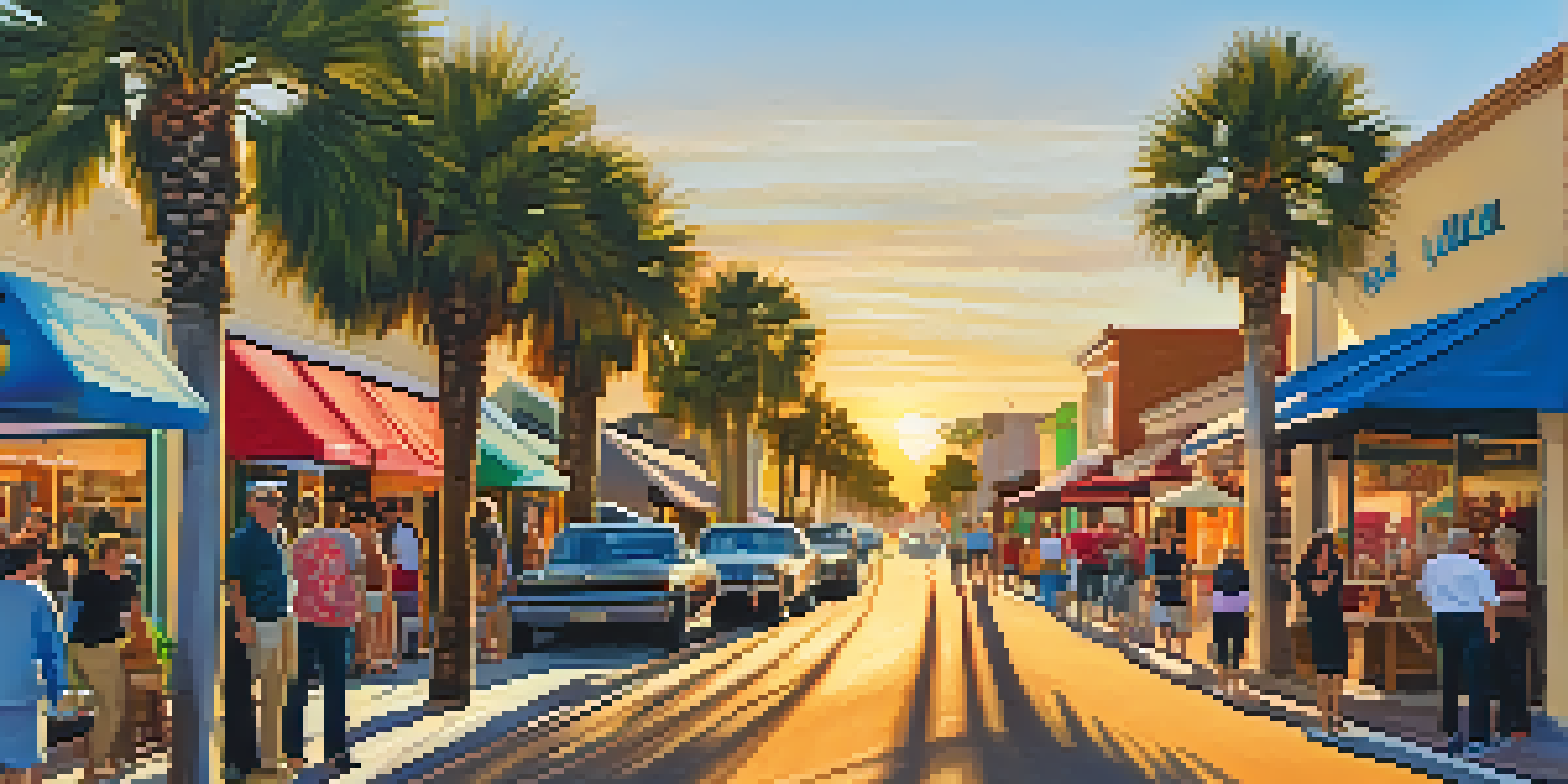A lively street filled with people admiring art displays during the Carlsbad Village Art Walk, illuminated by a warm sunset.