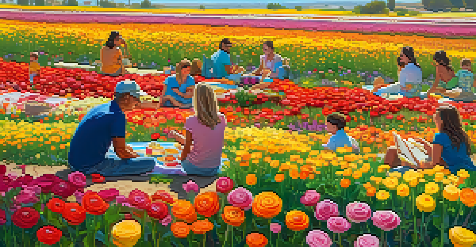 People picnicking among colorful ranunculus flowers in the Carlsbad Flower Fields, with bright sunshine illuminating the scene.