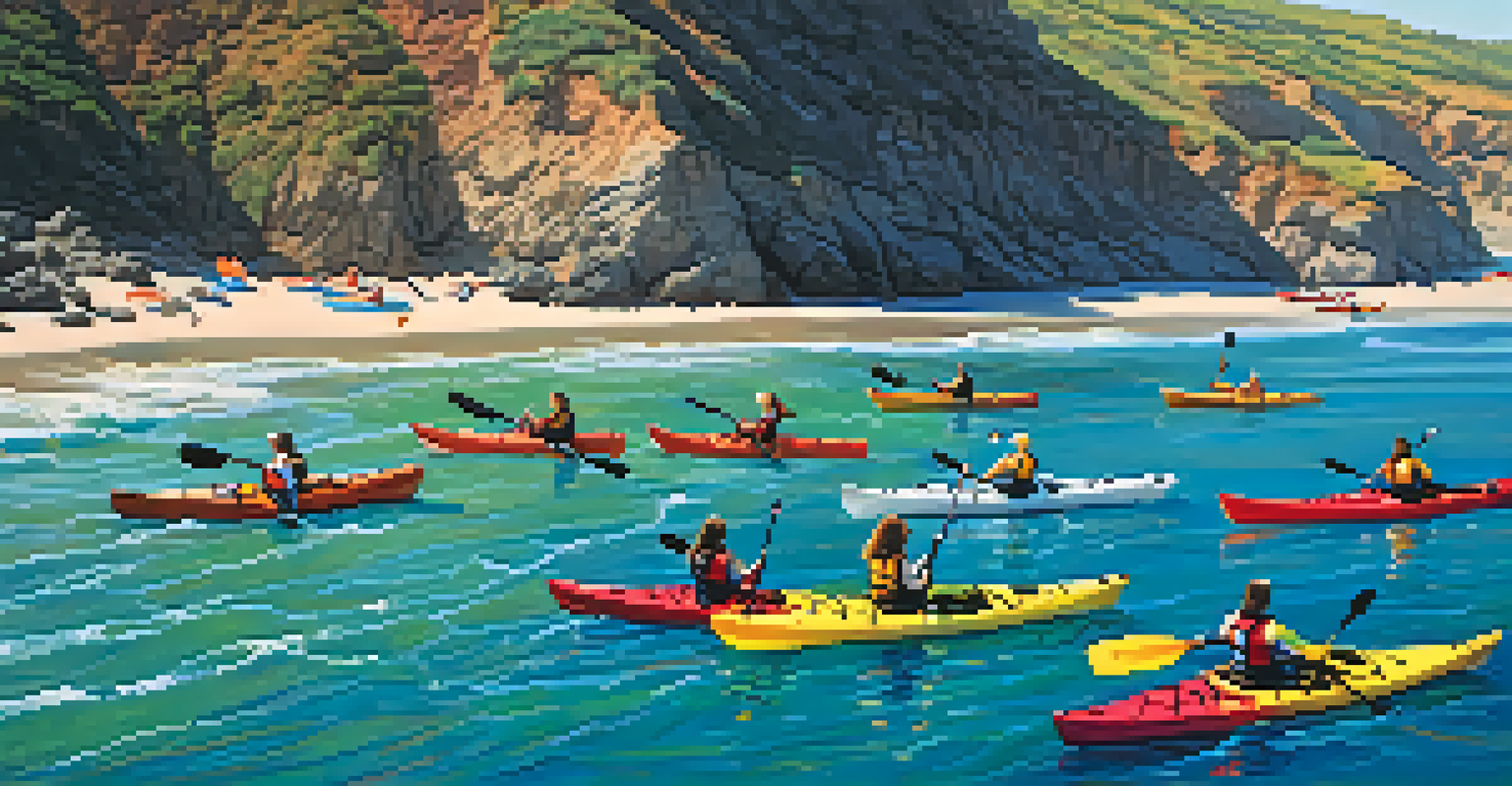 Aerial view of colorful kayaks in the coastal waters of Carlsbad, with cliffs and marine life visible in the vibrant blue ocean.