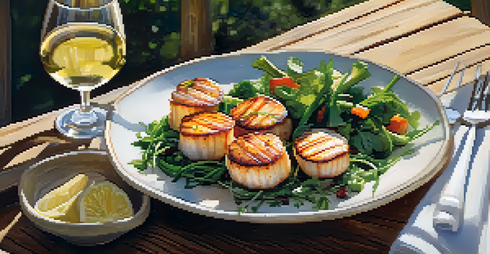 A beautifully presented dish of grilled scallops with seasonal vegetables and a glass of white wine on a wooden table.