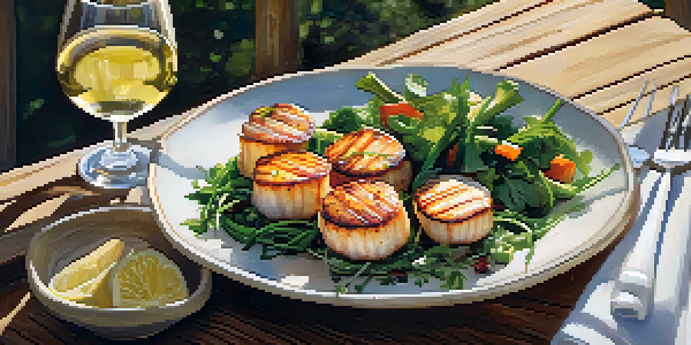 A beautifully presented dish of grilled scallops with seasonal vegetables and a glass of white wine on a wooden table.
