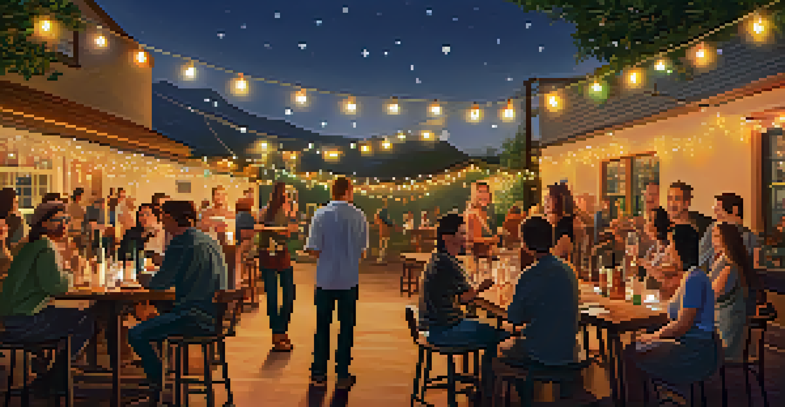 A vibrant community event at a craft distillery with people enjoying tastings under string lights, with staff sharing stories and a display of spirit bottles.