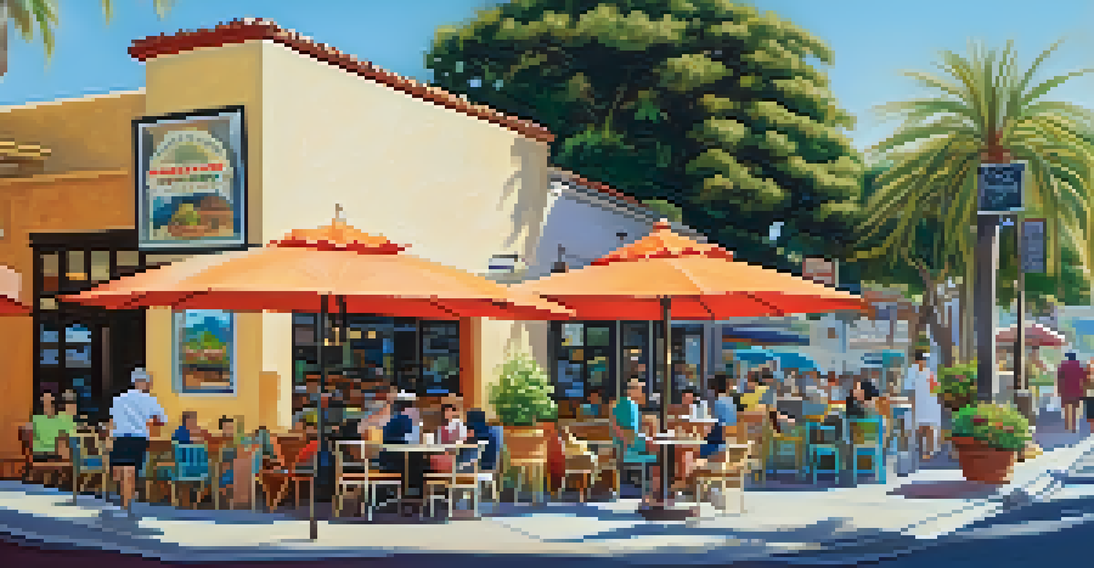 A charming local café with outdoor seating, colorful plants, and a mural, filled with patrons enjoying coffee and pastries.