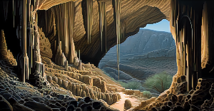 A view of Carlsbad Caverns featuring impressive stalactites and stalagmites, illuminated by soft lighting.