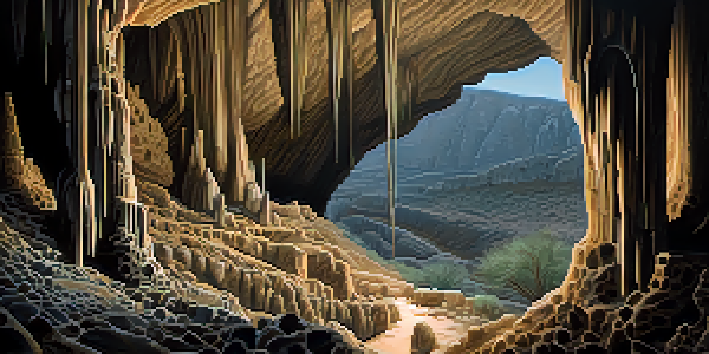 A view of Carlsbad Caverns featuring impressive stalactites and stalagmites, illuminated by soft lighting.