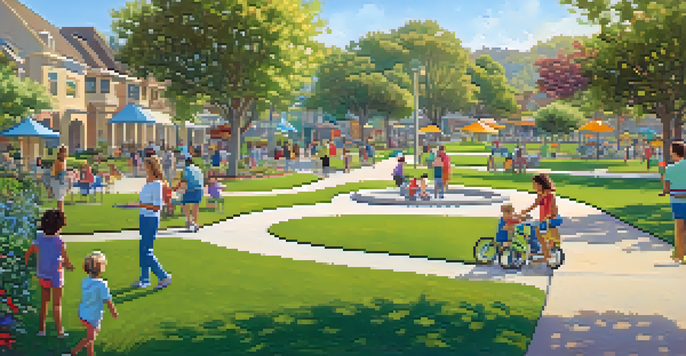 A lively park scene in Carlsbad with children playing, families picnicking, and seniors walking, all under a warm sunlight.