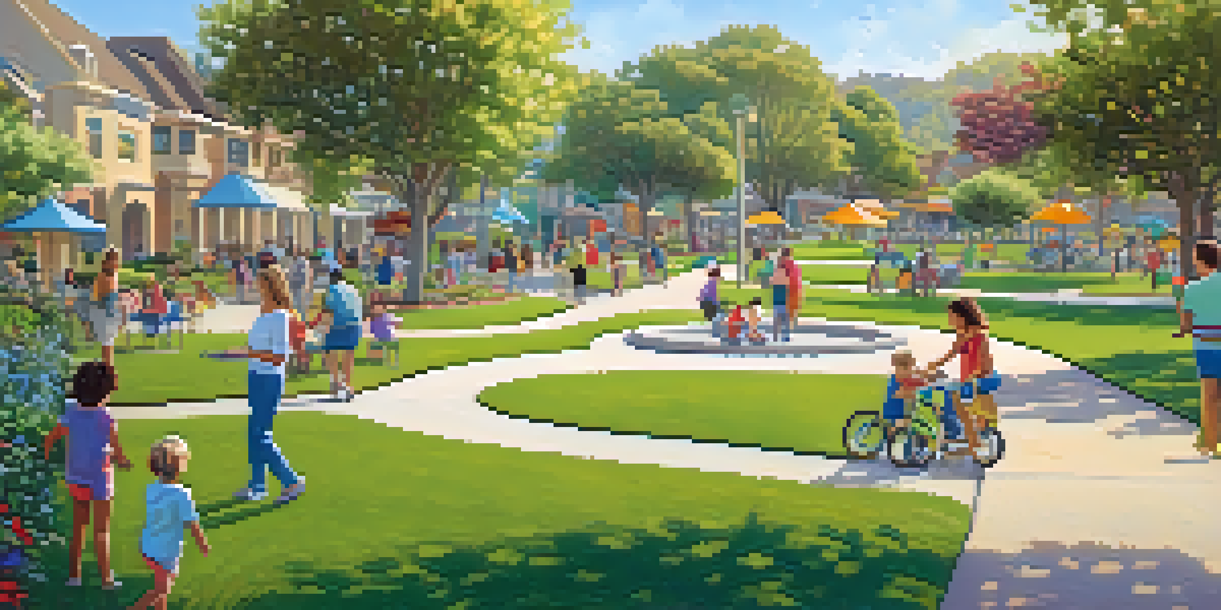 A lively park scene in Carlsbad with children playing, families picnicking, and seniors walking, all under a warm sunlight.