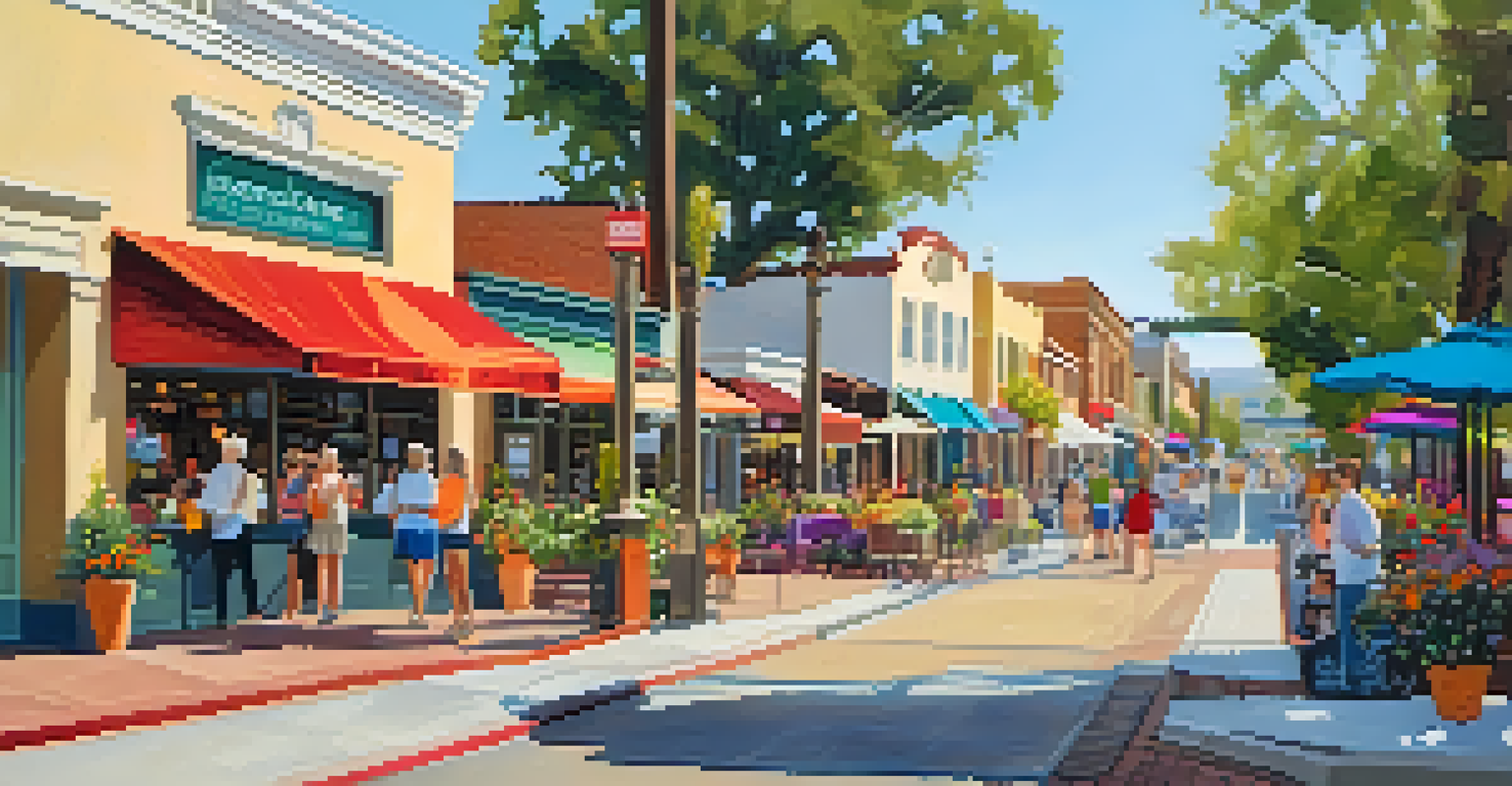 A contemporary view of Carlsbad's pedestrian walkway, featuring old railroad tracks, shops, and greenery, showcasing community life.