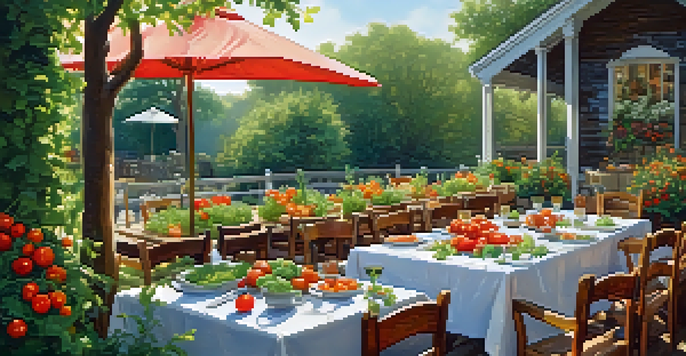 An outdoor dining setup with a rustic wooden table filled with colorful fresh ingredients and diners enjoying their meals in a sunny setting.