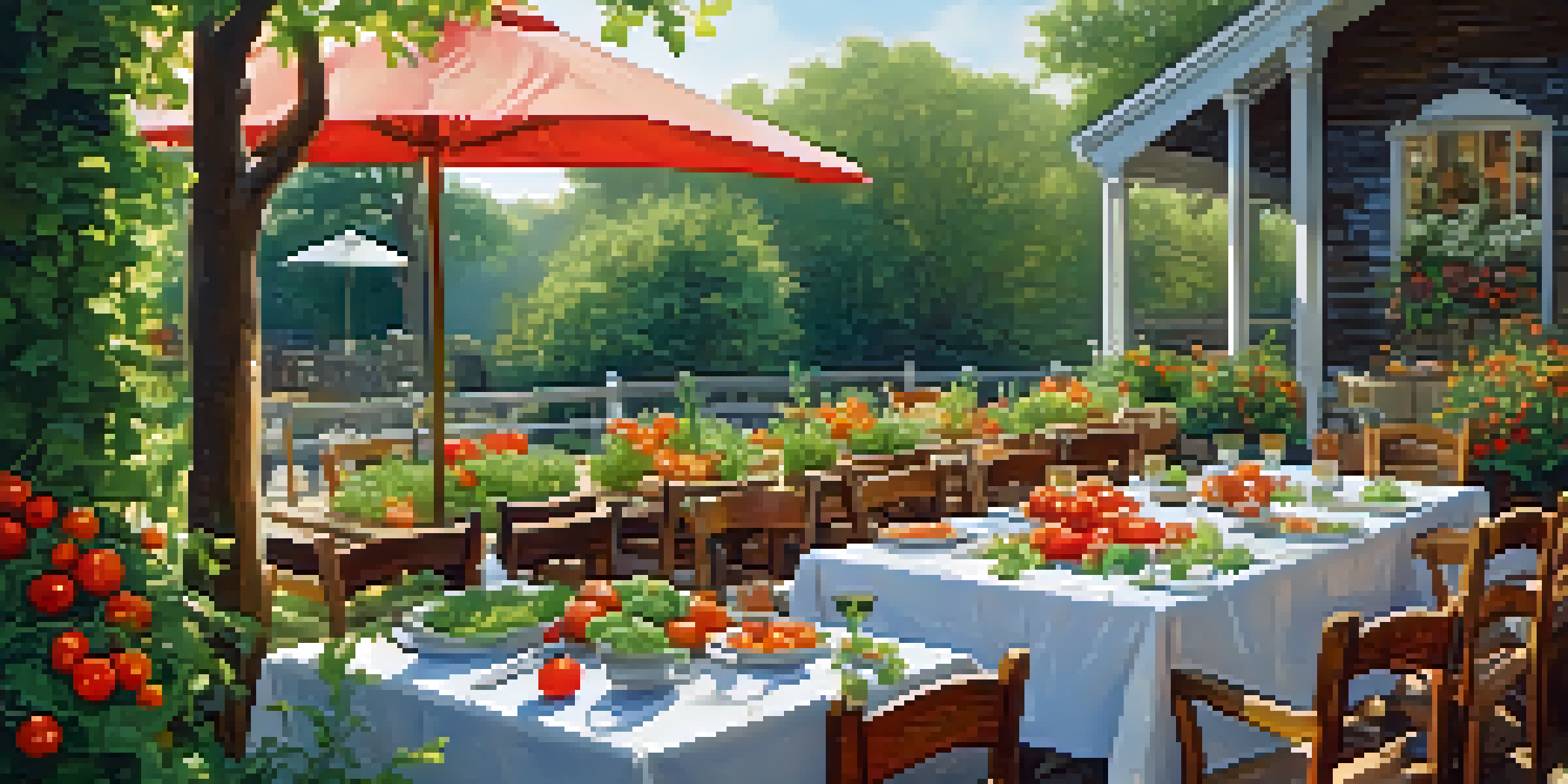 An outdoor dining setup with a rustic wooden table filled with colorful fresh ingredients and diners enjoying their meals in a sunny setting.