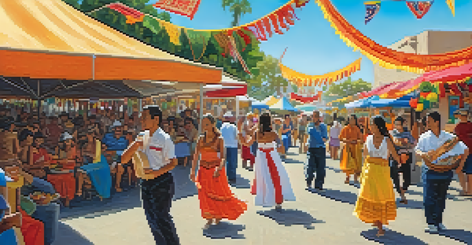 A lively festival in Carlsbad with people dancing, colorful banners, and food stalls representing different cultures.