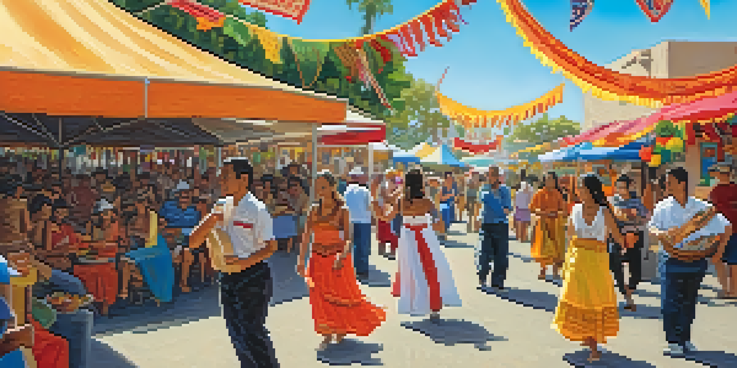A lively festival in Carlsbad with people dancing, colorful banners, and food stalls representing different cultures.