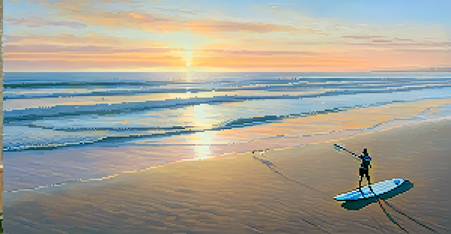 A peaceful early morning beach scene in Carlsbad with a paddleboarder and pastel skies.