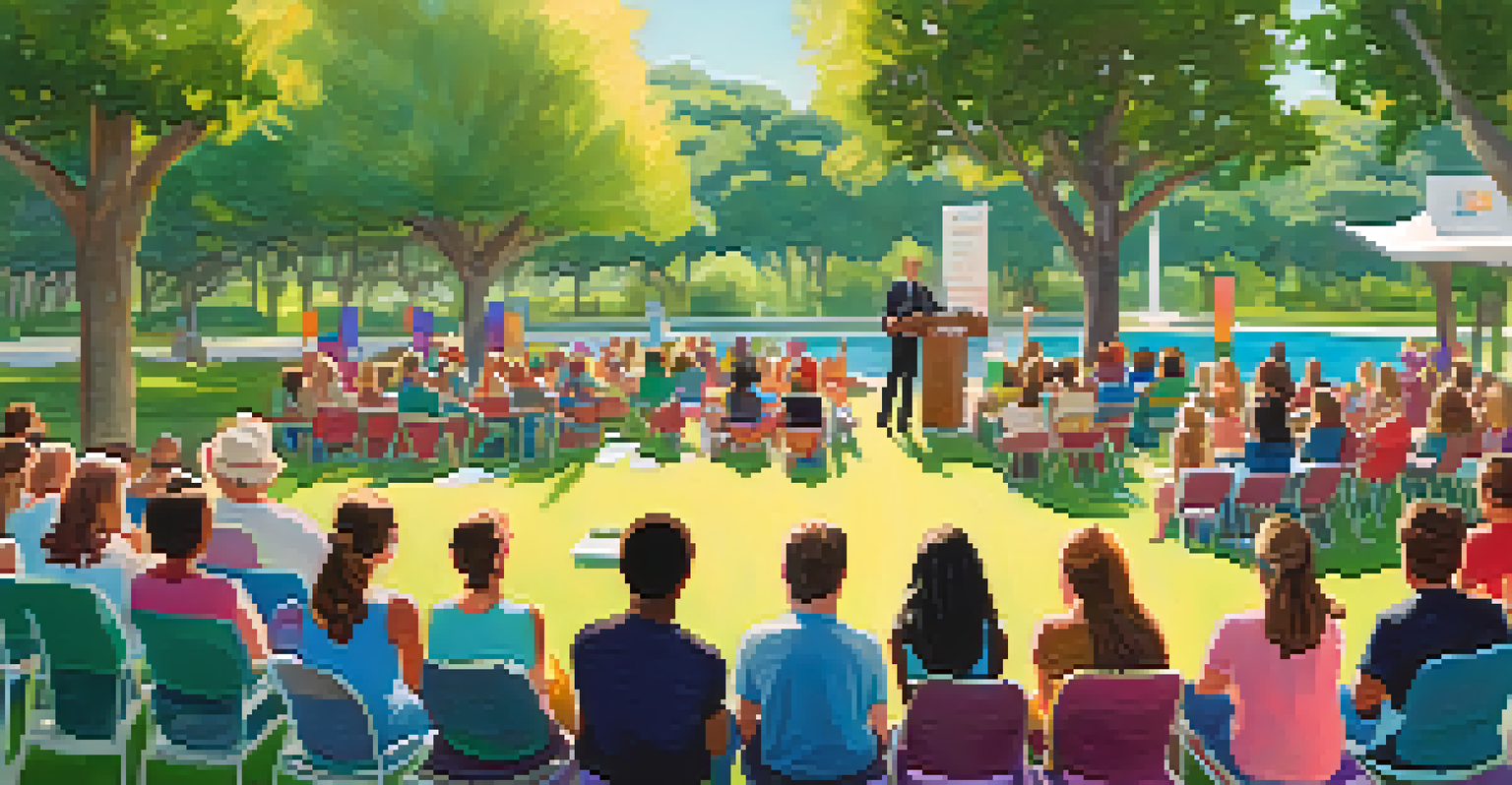 An outdoor library event with a guest speaker addressing an audience of diverse adults sitting on picnic blankets in a lush green setting.