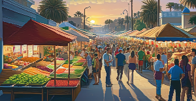 A busy outdoor food market in Carlsbad with colorful stalls offering fresh produce and international cuisines, under a sunny sky.