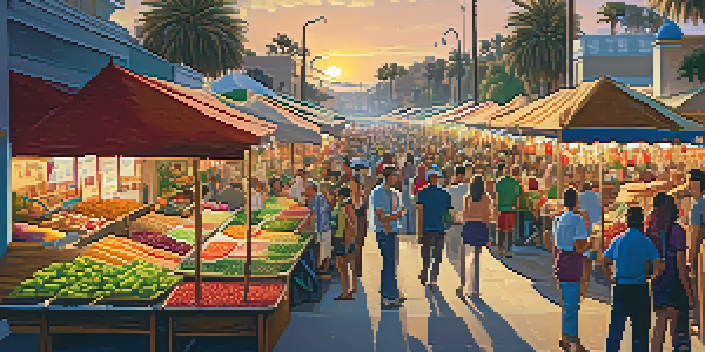 A busy outdoor food market in Carlsbad with colorful stalls offering fresh produce and international cuisines, under a sunny sky.