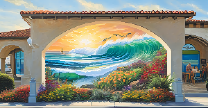 A colorful mural representing the coastal heritage of Carlsbad, featuring ocean waves and fishermen, surrounded by flowers and greenery.