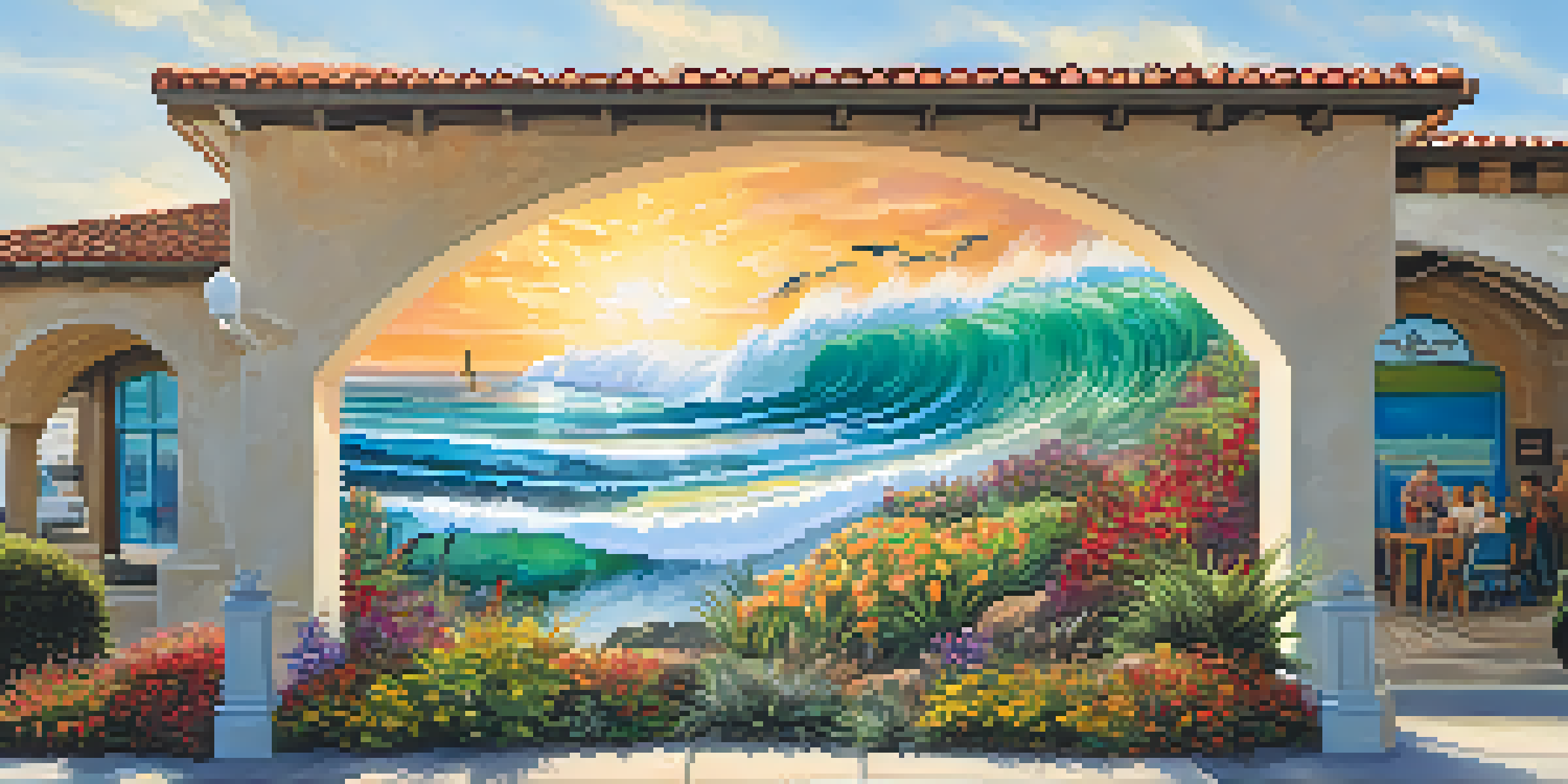 A colorful mural representing the coastal heritage of Carlsbad, featuring ocean waves and fishermen, surrounded by flowers and greenery.