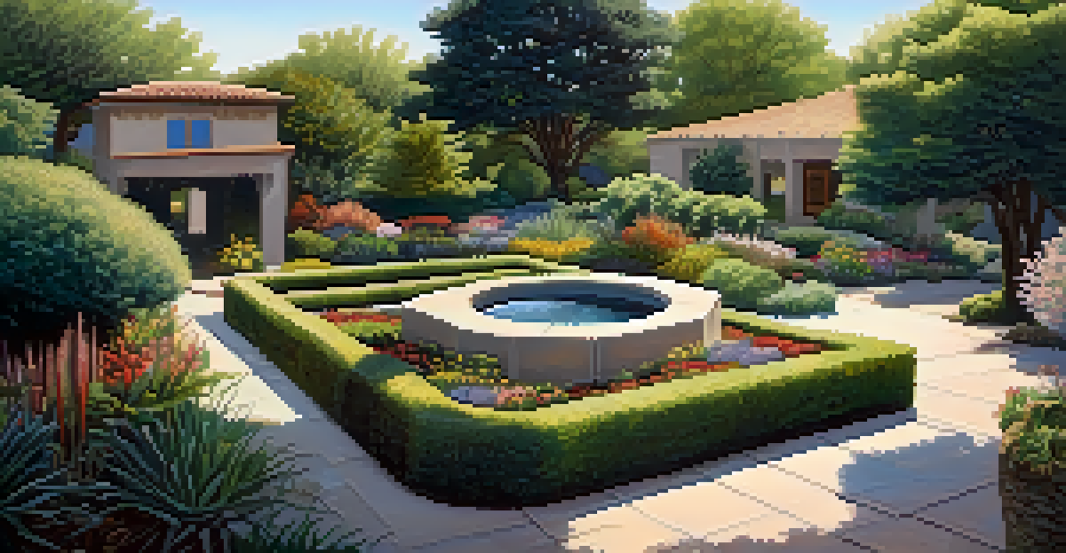 An aerial view of a garden with diverse microclimates created by trees and shrubs, showcasing vibrant plants and rocky formations.