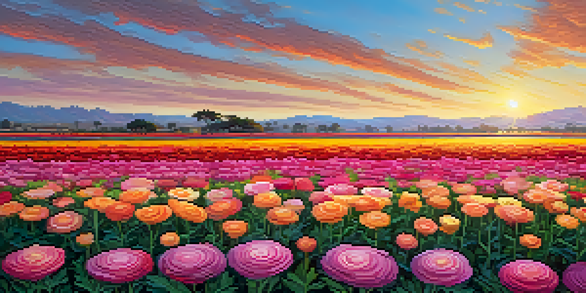 A colorful display of ranunculus flowers in the Carlsbad Flower Fields with a golden sunset in the background.