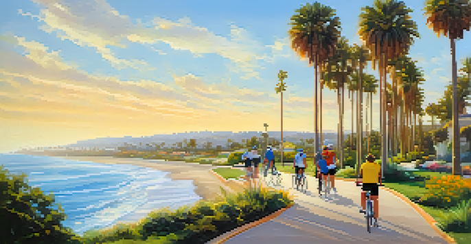 A scenic view of cyclists riding along a coastal bike path in Carlsbad, California, under a clear blue sky with palm trees and ocean in the background.