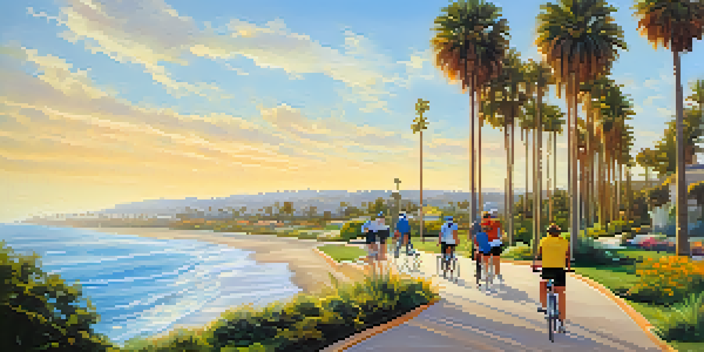 A scenic view of cyclists riding along a coastal bike path in Carlsbad, California, under a clear blue sky with palm trees and ocean in the background.