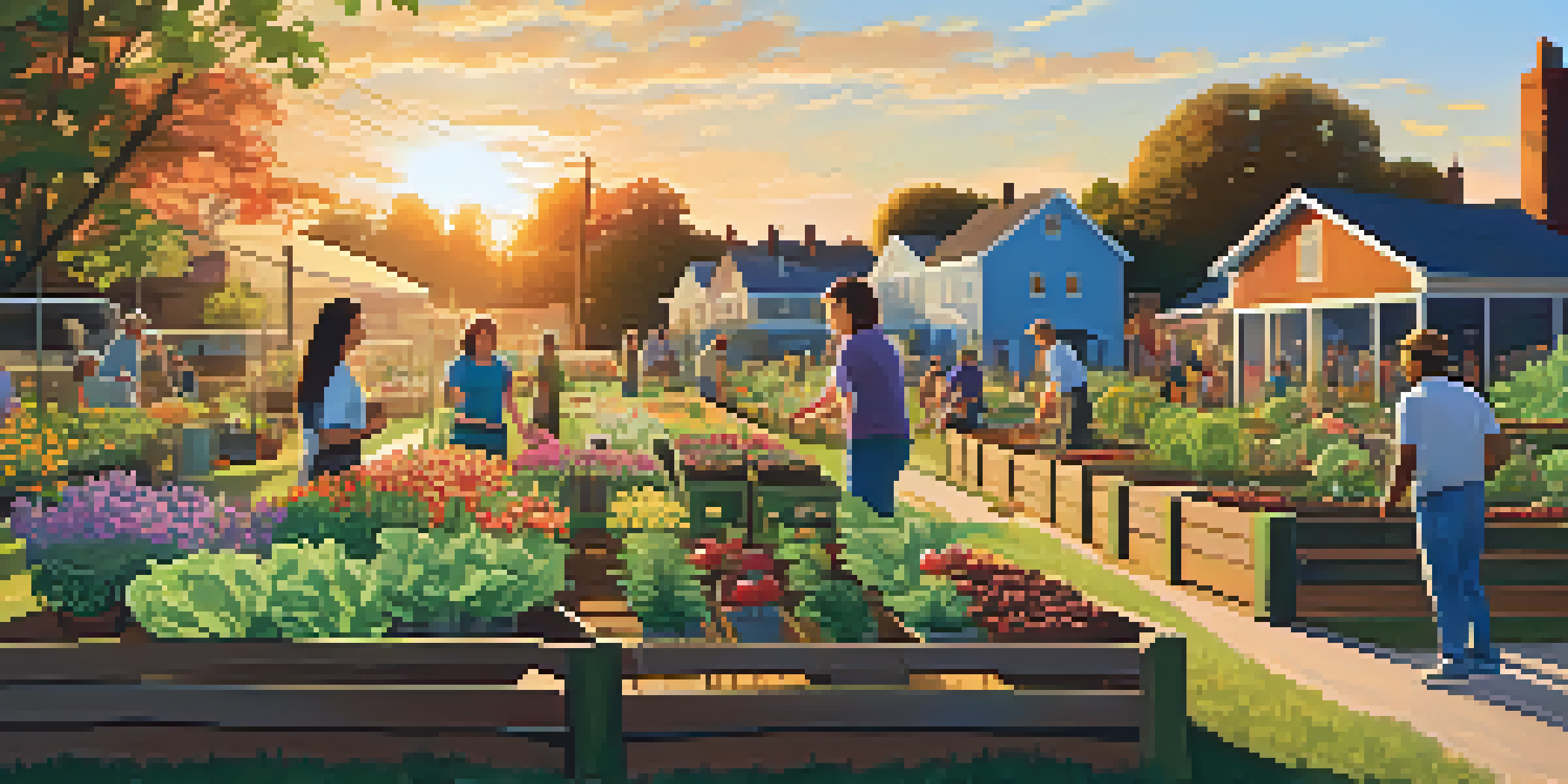 A lively community garden with residents planting and harvesting various plants, illuminated by the warm light of the setting sun.