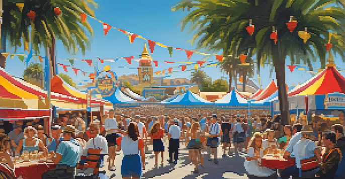 A lively Oktoberfest festival in Carlsbad with colorful tents, people enjoying German food, and musicians performing traditional music under a clear sky.