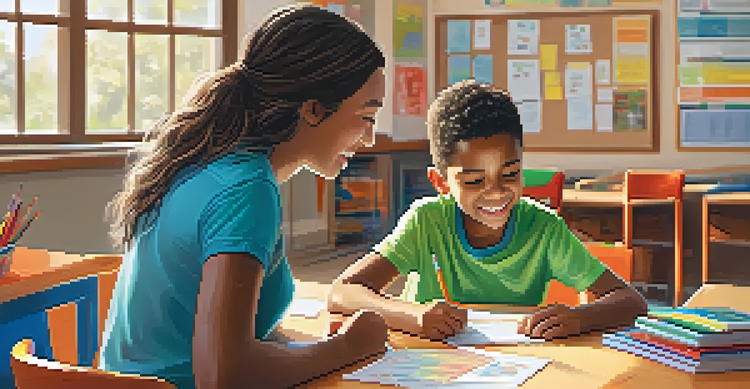 A young volunteer tutoring a child in a colorful classroom, surrounded by educational materials and a warm atmosphere.