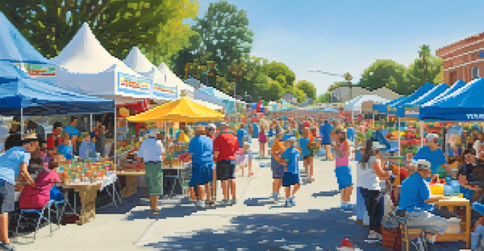 A lively outdoor community event setup with volunteers interacting and colorful booths.